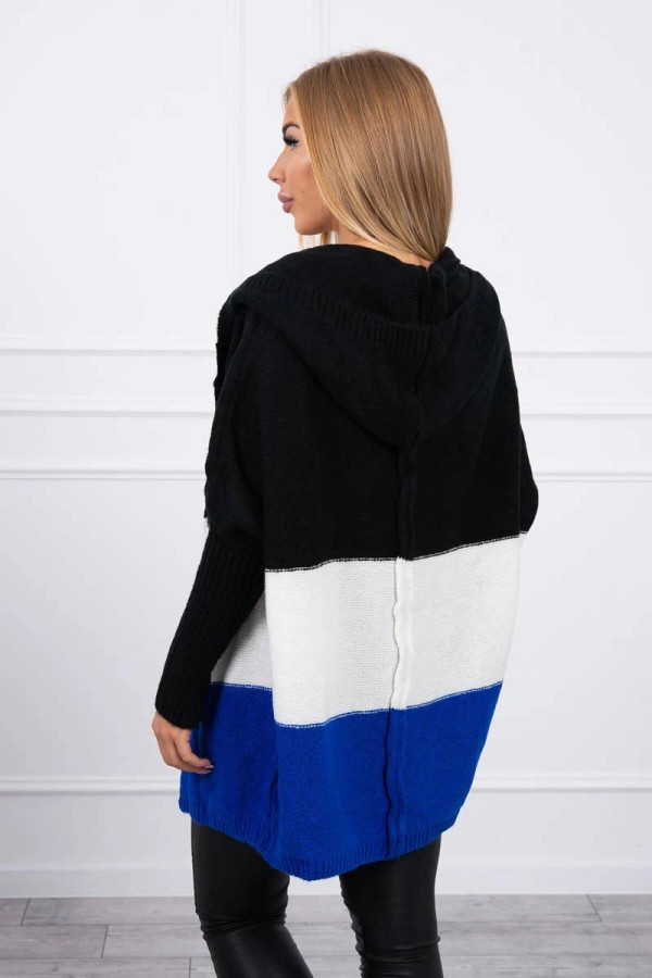 Trojfarebný sveter s kapucňou a s netopierími rukávmi čierny+ecru+kráľovská modrá