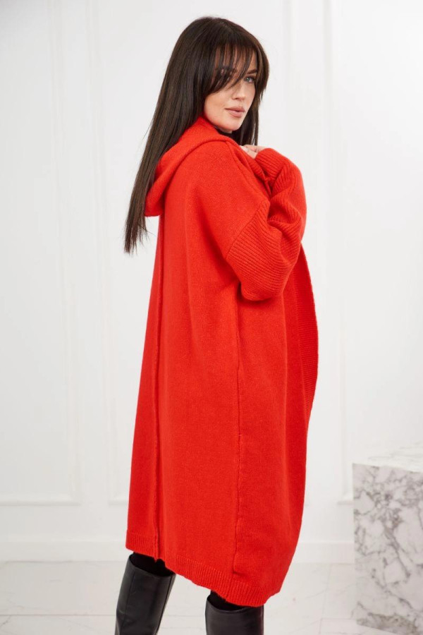 Dlhý kardigánový sveter s kapucňou model 24-34 červený
