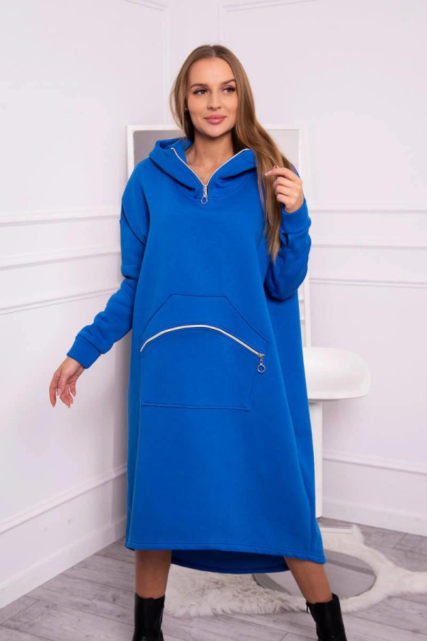 Zateplené mikinové šaty s ozdobným zipsom vpredu model 9386 farba kráľovská modrá