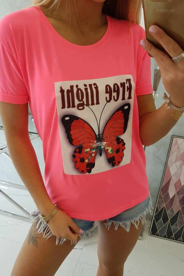 Tričko s potlačou motýľa a nápisom Free Flight neónovo ružové