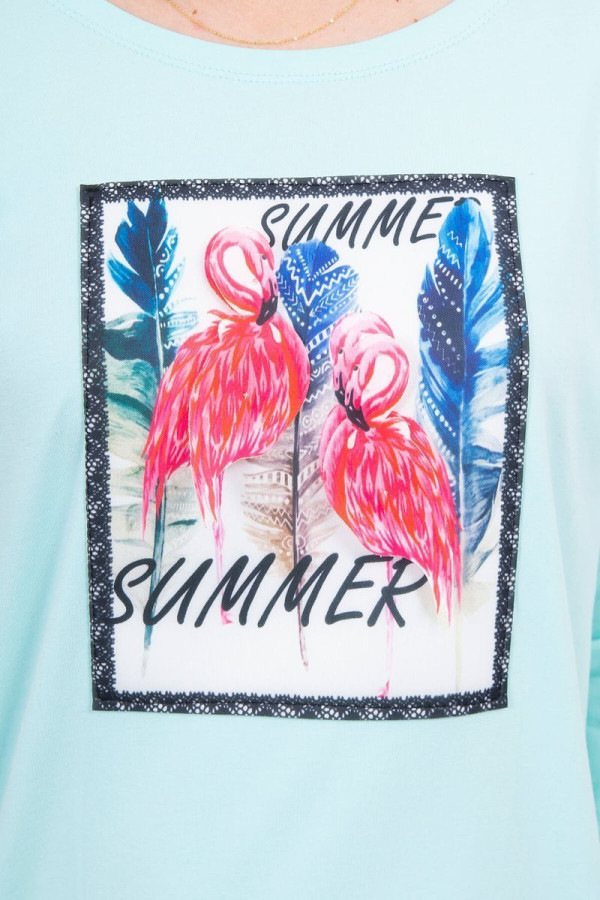 Tričko s našitou grafikou plameniakov a nápisom Summer mentolové