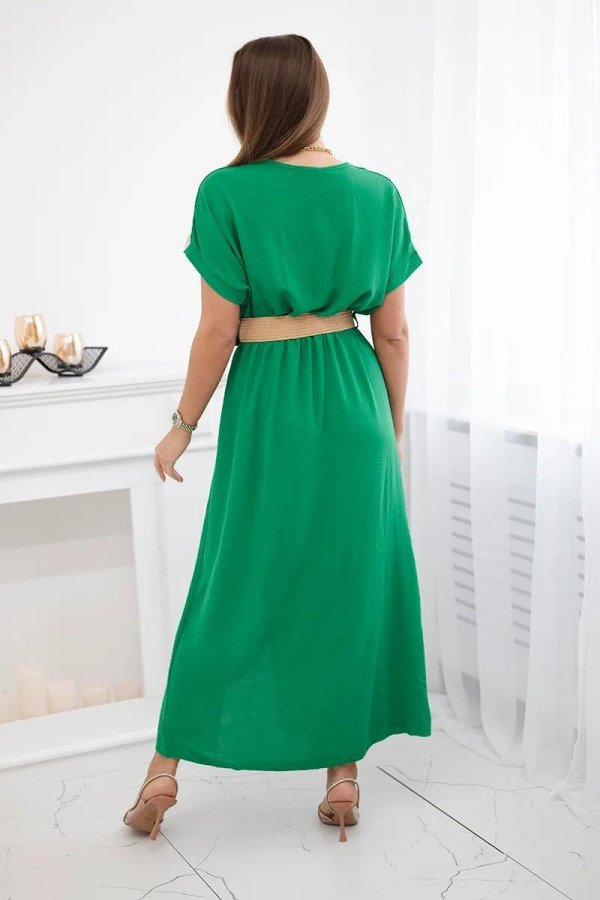 Dlhé šaty s ozdobným opaskom a rozparkom model 6012F zelené
