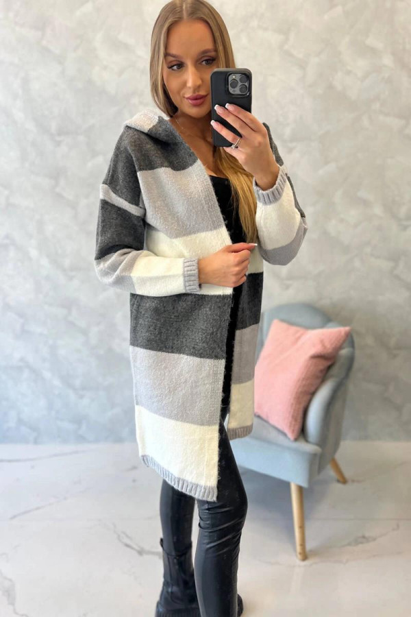 Trojfarebný kardigánový sveter model 2019-25  grafitový+šedý+ecru