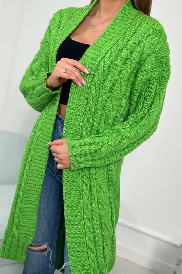 Kardigánový sveter s vrkočovým vzorom model SW1 svetlý zelený