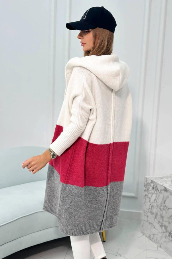 Trojfarebný kardigánový sveter s kapucňou farba ecru+fuksiový+šedý